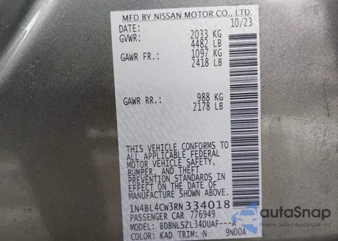 2024 Nissan Altima Sr Intelligent Awd from USA, damaged, VIN 1N4BL4CW3RN334018